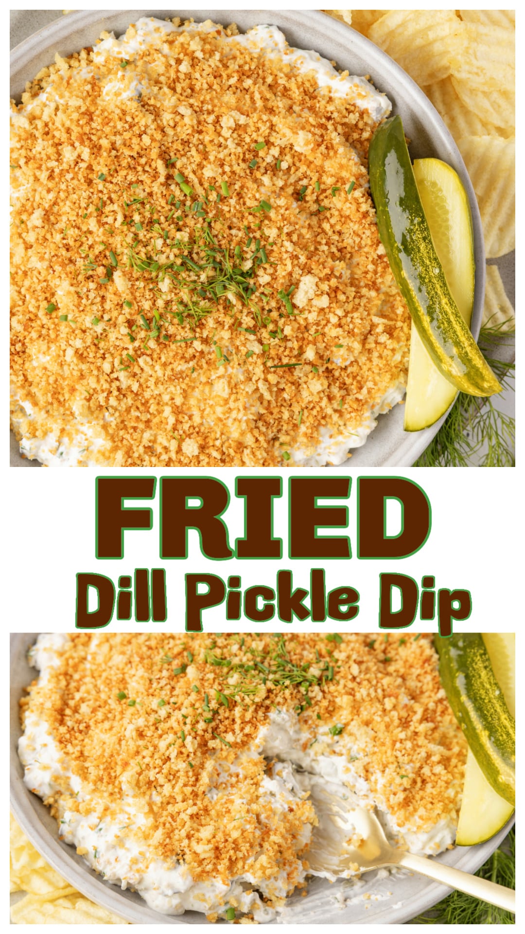 Fried Dill Pickle Dip with a hot, buttery crunch on top. This cold dip is packed with chopped pickles, ranch seasoning, and fresh herbs—finished with toasted panko for the kind of texture you don’t usually get in a creamy dip. Serve it with chips, crackers, or pretzels… or just eat it by the spoonful. via @cmpollak1