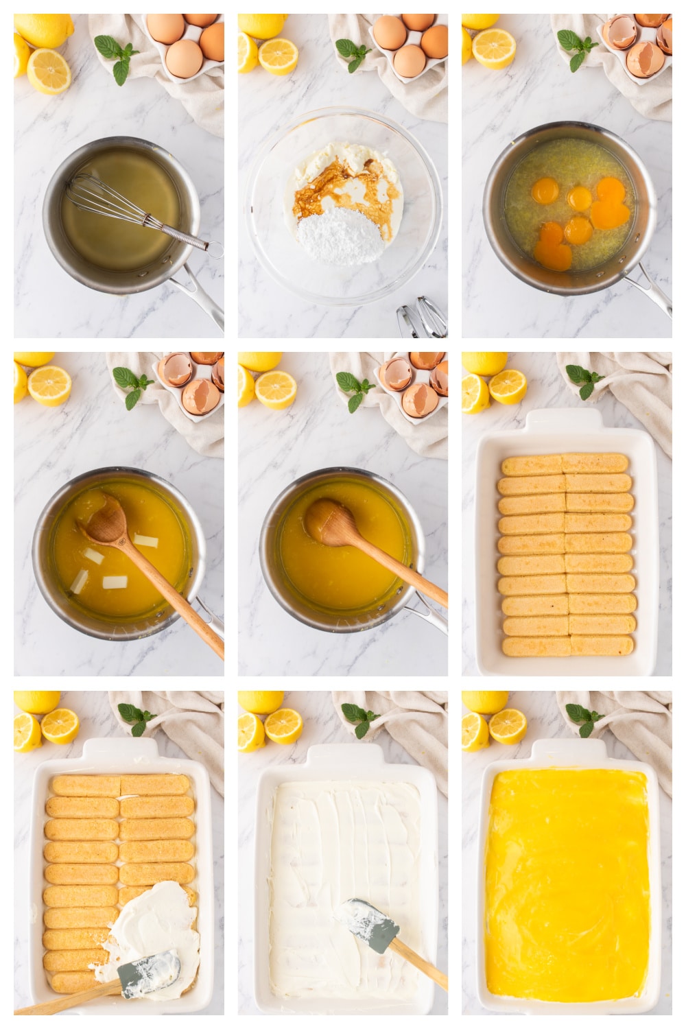 Collage showing the steps to make lemon tiramisu from syrup to final layering.