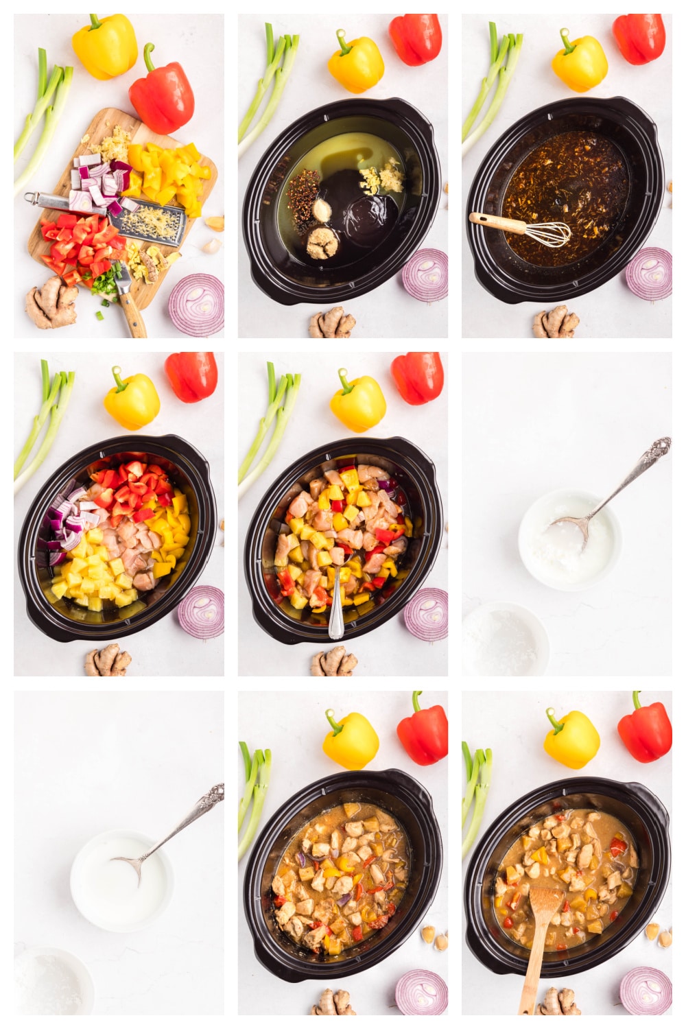Step-by-step: Easy weeknight slow cooker Hawaiian chicken nine image collage showing sauce mixed, chicken added, cooked, and thickened
