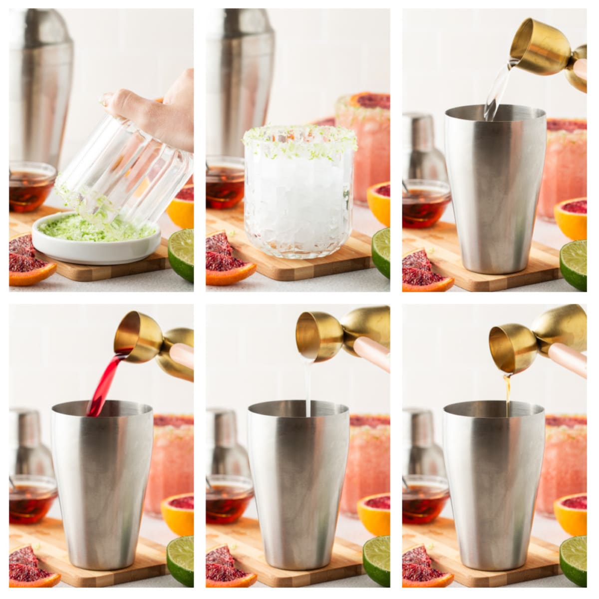 How to Make a Blood Orange Coconut Margarita Step-by-step photos showing how to make a coconut blood orange margarita, including rimming the glass and adding ingredients to a shaker.