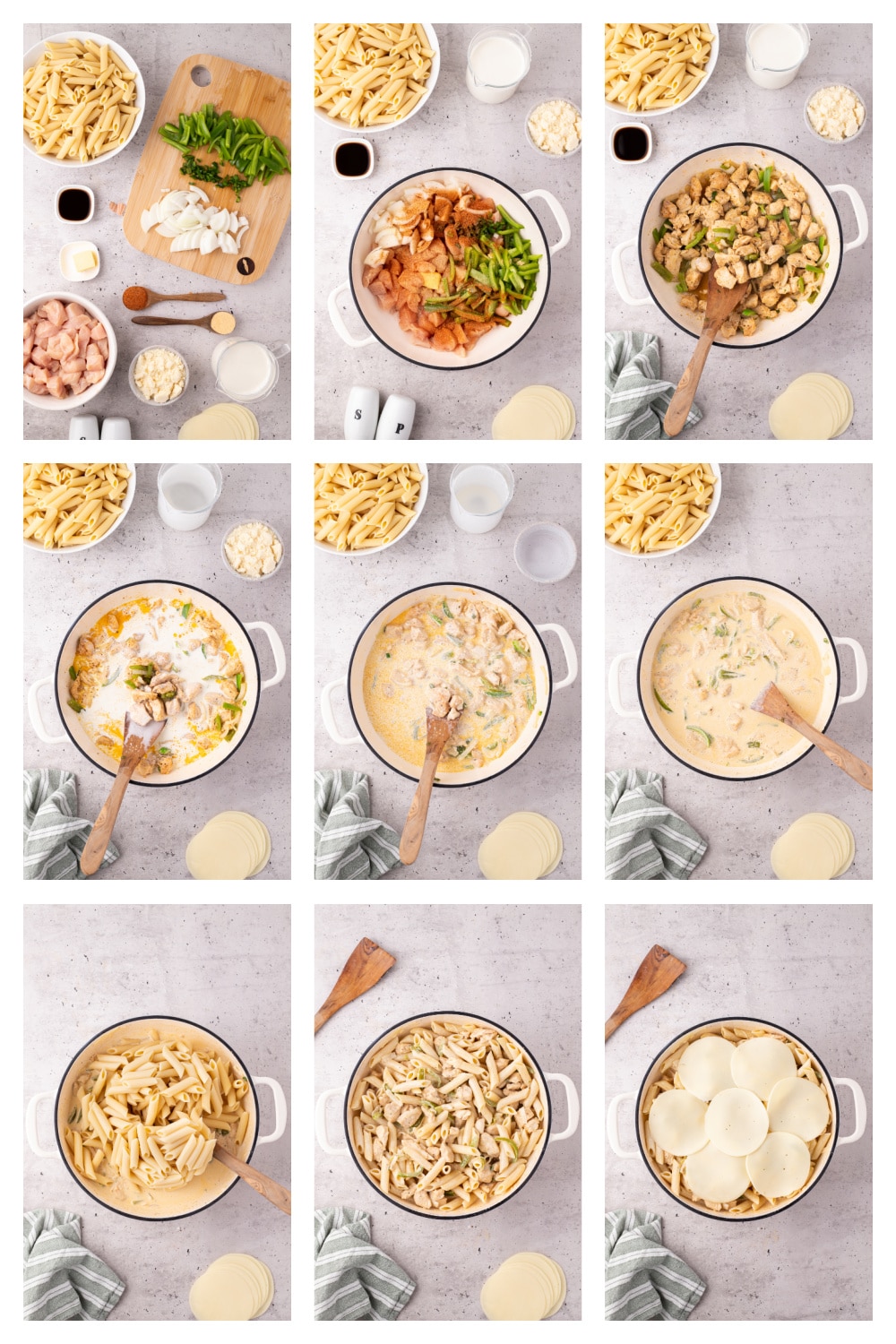 Step-by-step images of chicken Philly cheesesteak pasta preparation Step-by-step collage showing how to make chicken Philly cheesesteak pasta from ingredients to final skillet