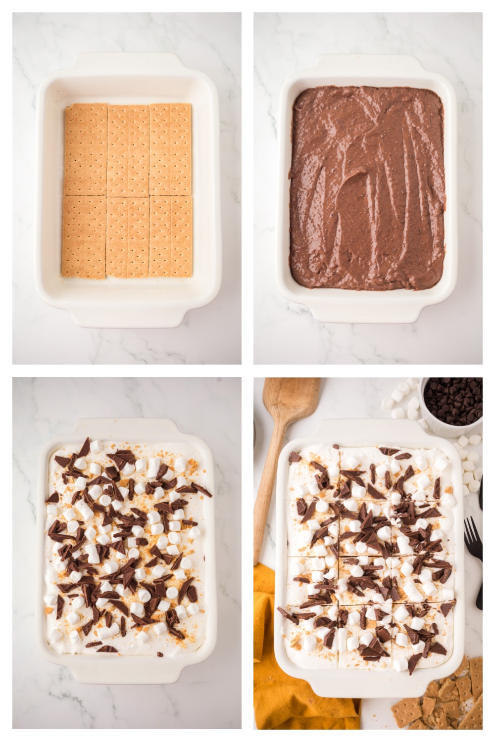 Step-by-step collage showing how to layer frozen s’mores lasagna in a baking dish