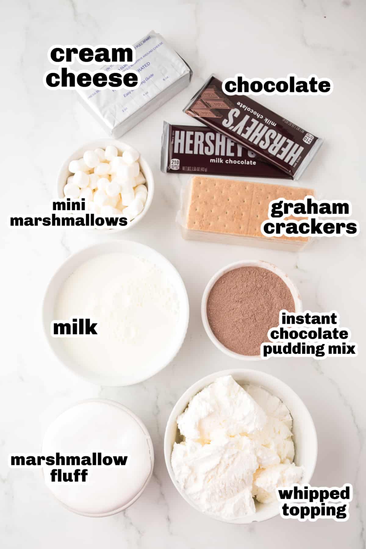  Overhead shot of labeled ingredients for frozen s’mores lasagna