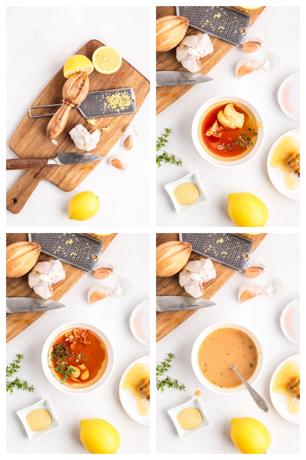 Step-by-step collage showing how to make honey Dijon salad dressing from scratch