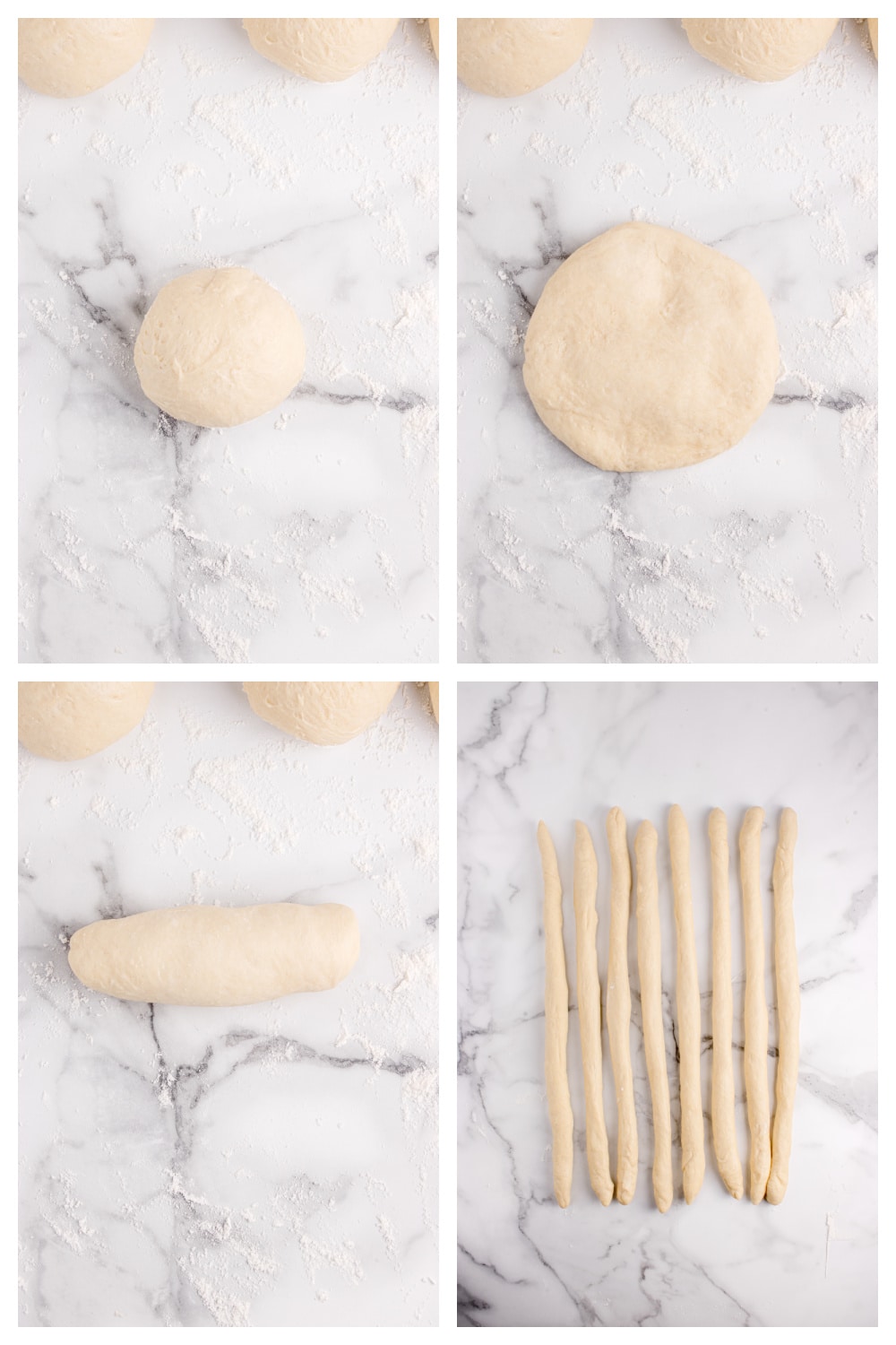 Step-by-step shaping of 8-strand sesame challah braid diving challah dough to make strands for braiding