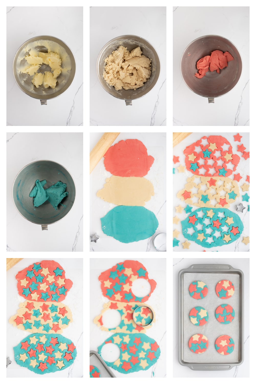 How to make red, white, and blue star butter cookies – visual step guide Step-by-step process showing how to color, roll, cut, and assemble patriotic star butter cookies