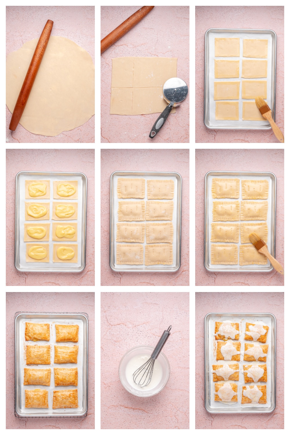 Step-by-step photo collage showing how to make lemon pop tarts from pie crust and lemon curd