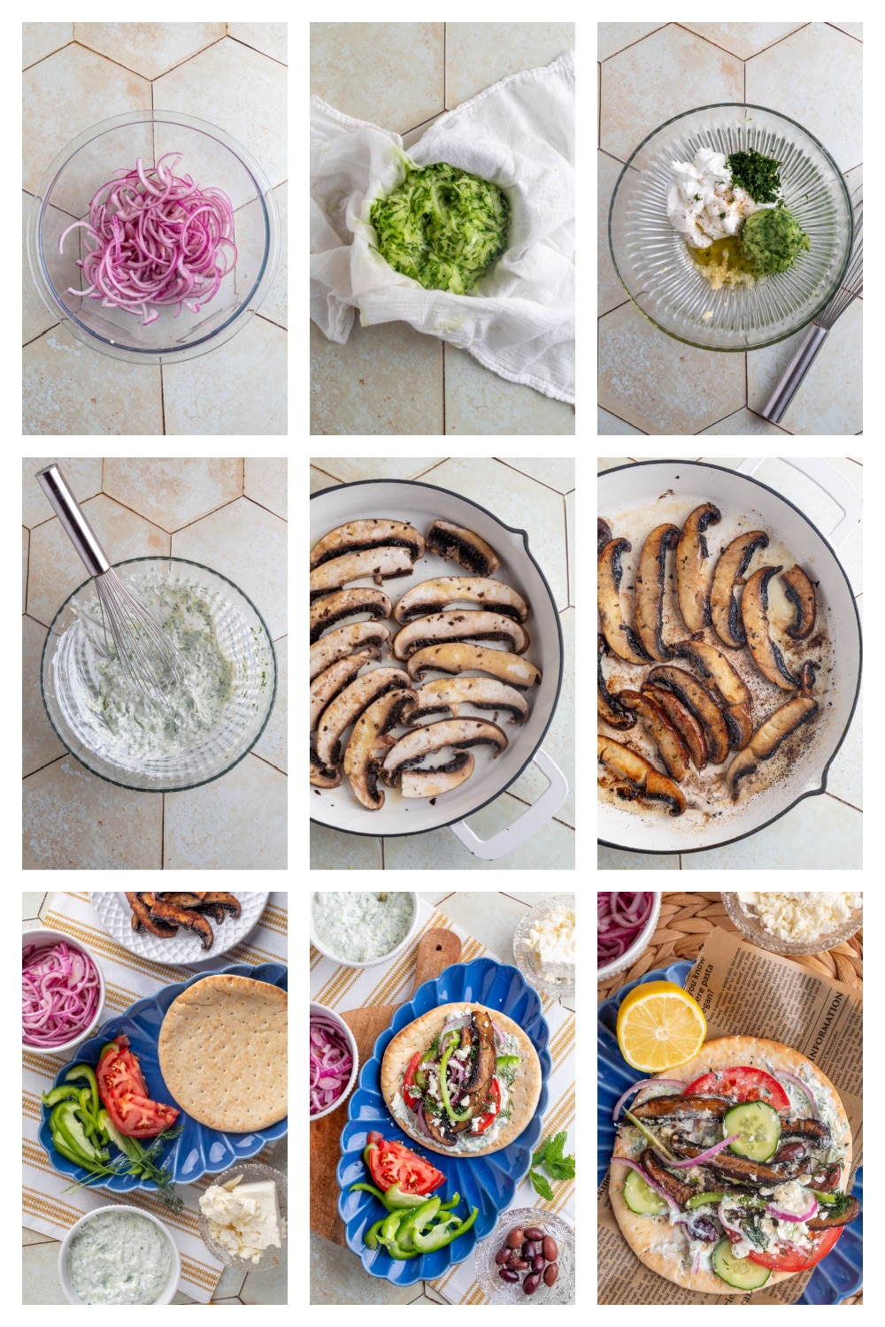 How to make portobello gyros step-by-step Step-by-step process showing how to make portobello mushroom gyros.