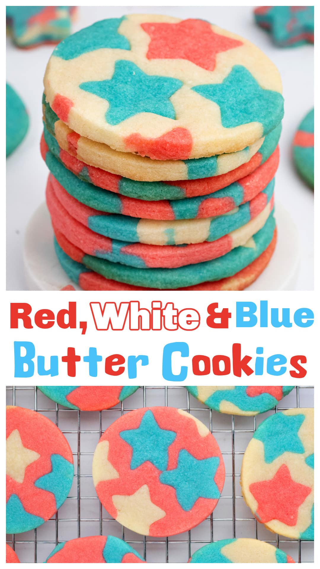 These red, white, and blue star butter cookies are a fun, festive dessert for the Fourth of July, Memorial Day, Veterans Day, or any patriotic holiday. A buttery shortbread-style cookie made with a colorful inlay star pattern that looks impressive but is surprisingly simple. This patriotic cookie recipe is perfect for summer parties, cookouts, or as a baking project to do with kids. Includes tips for perfect shapes, clean edges, and easy storage. via @cmpollak1