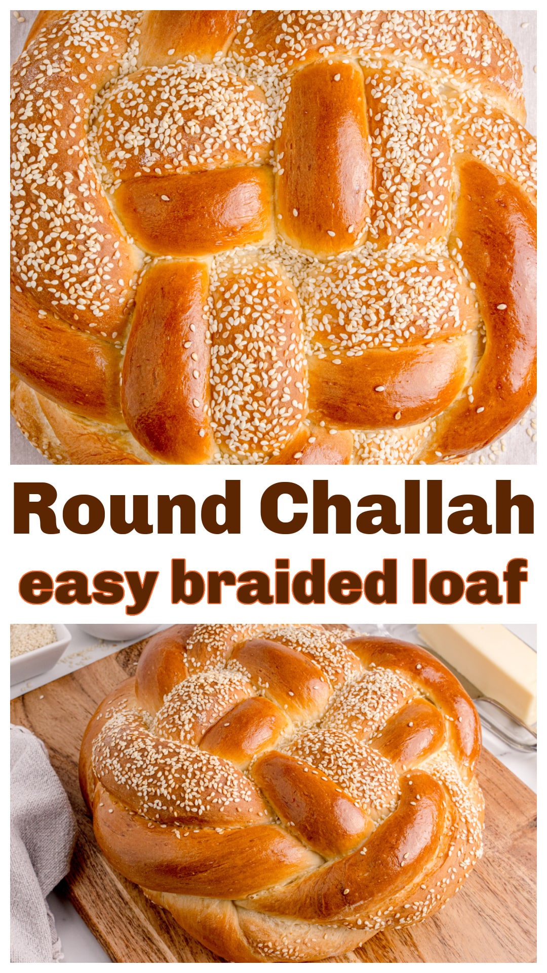 This round challah recipe uses an easy 8-strand braiding method to create a soft, golden loaf with a sesame seed crust. Perfect for gifting, toasting, or turning into French toast, this homemade challah bread has a beautiful shape that holds up and a sweet, tender crumb. Includes step-by-step photos and clear instructions so your braid looks as good as it tastes. A unique challah recipe that’s beginner-friendly but bakery-level impressive. via @cmpollak1