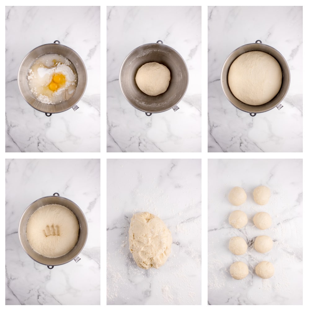 Round challah bread dough preparation steps Step-by-step process of mixing, kneading, rising, and shaping challah dough