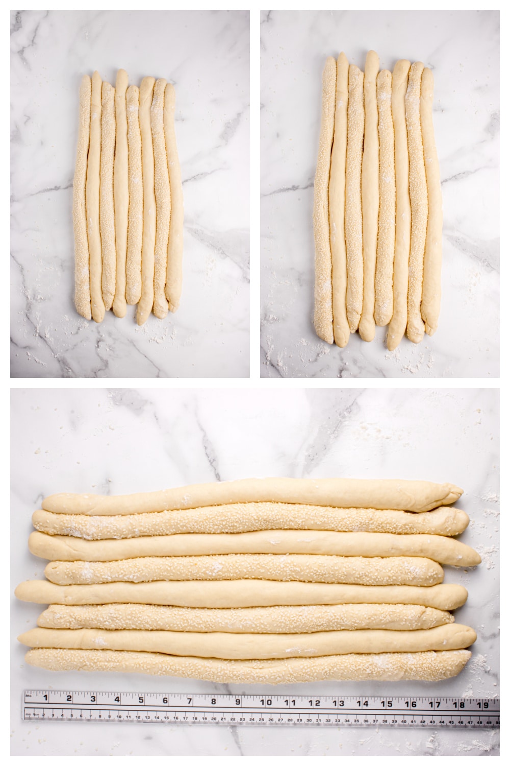 Preparing dough strands for braiding challah Collage showing how to divide and roll challah dough into ropes