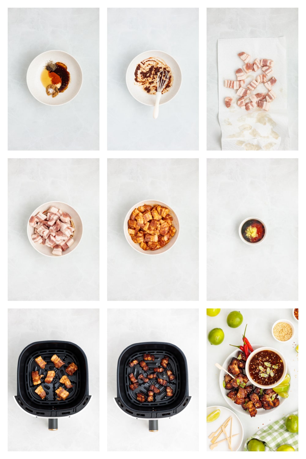 Step-by-step process of making air fryer pork belly bites from marinade to cooking, including ingredients, preparation, and air fryer basket stages.