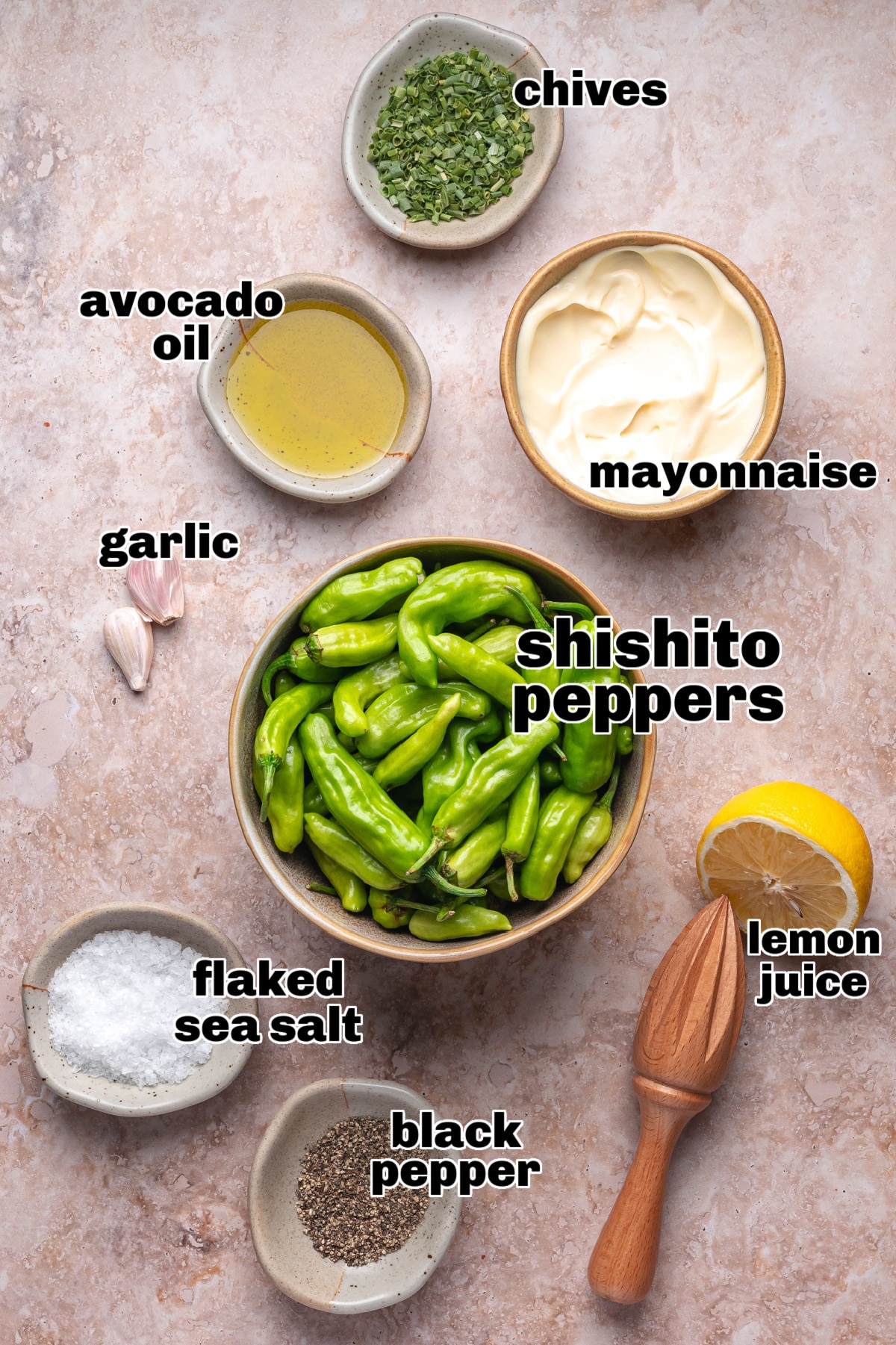 Ingredients for blistered shishito peppers with garlic chive aioli Overhead view of ingredients for blistered shishito peppers and garlic chive aioli, including avocado oil, mayonnaise, garlic, chives, lemon, and seasonings