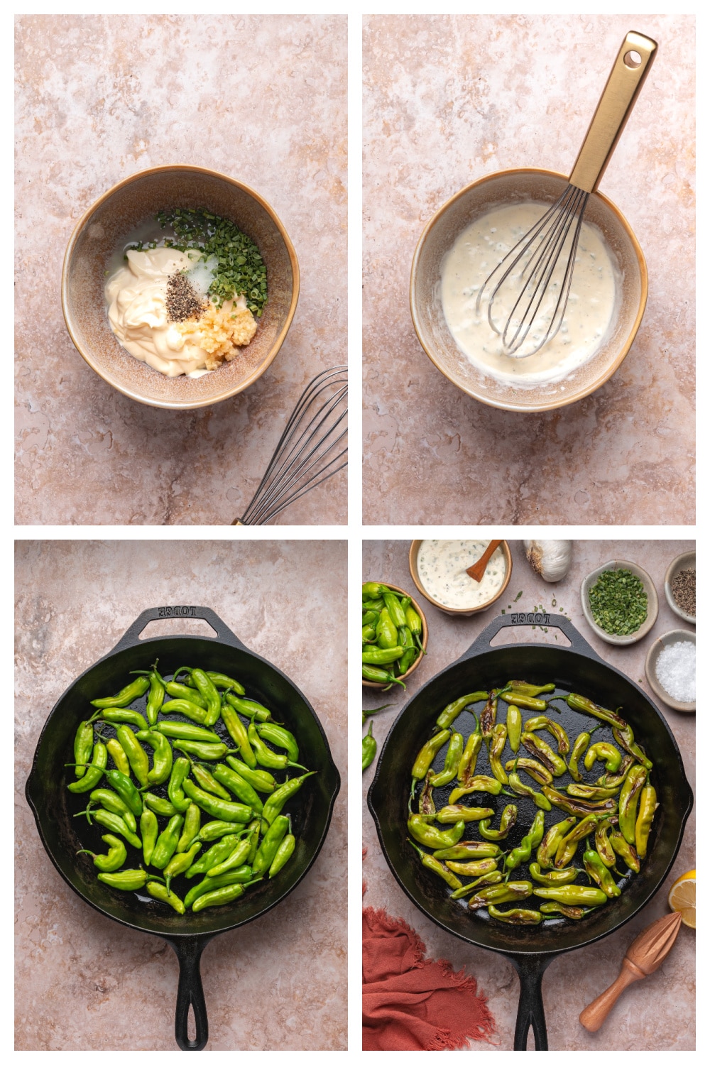 How to make blistered shishito peppers with aioli step-by-step Step-by-step shots of making garlic chive aioli and blistering shishito peppers in a skillet