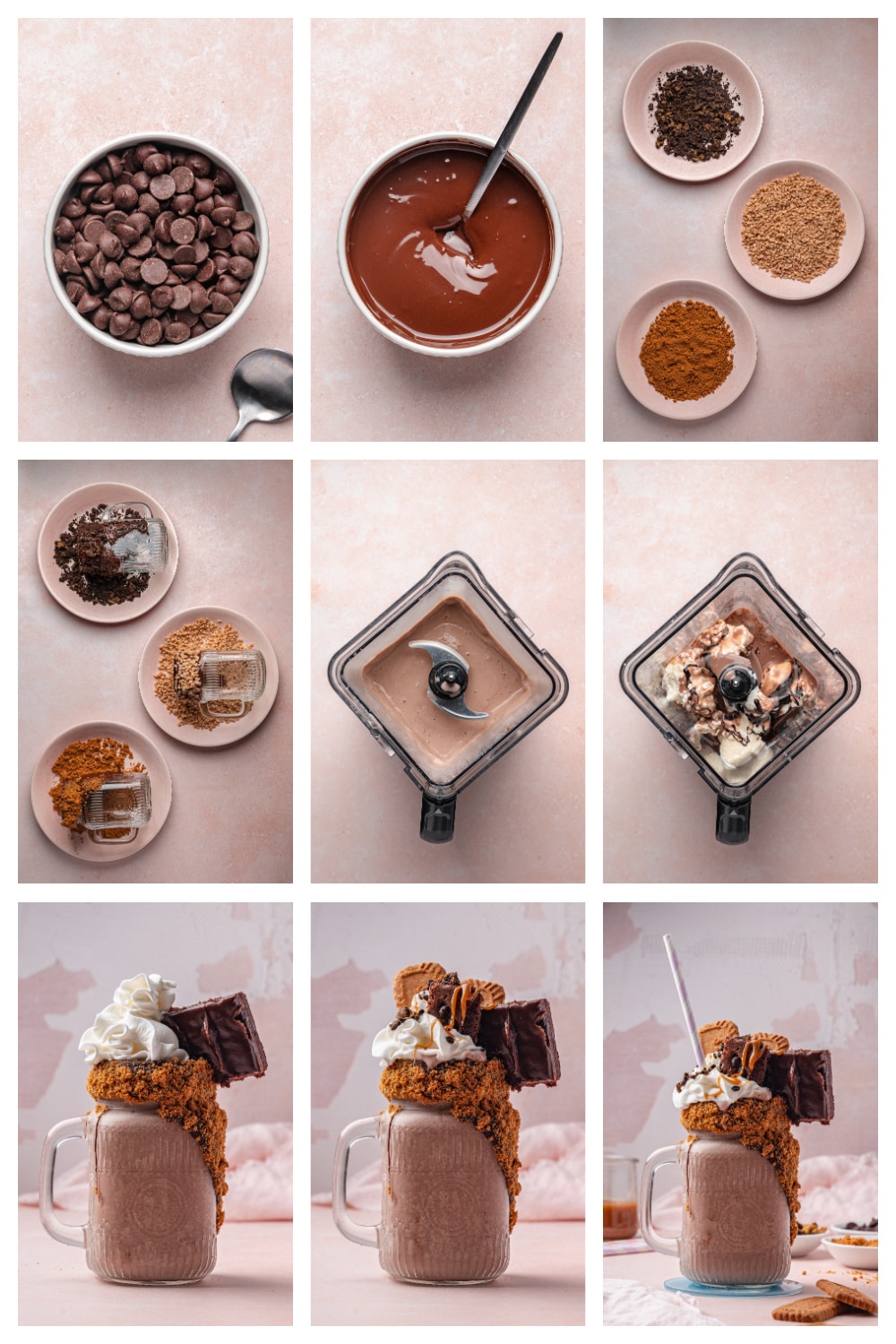 How to make a chocolate freakshake from rim to topping Step-by-step process of assembling a chocolate freakshake with cookie rims and blended milkshake