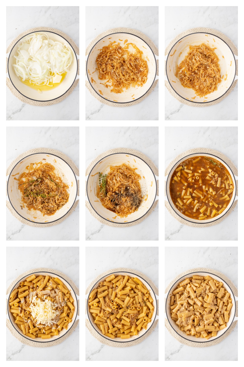 How to make French onion pasta with caramelized onions and broth Step-by-step process shots of caramelizing onions, adding broth, and finishing French onion pasta in one pot.