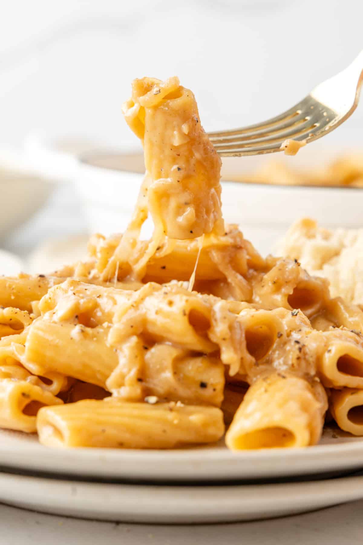 Melty French onion pasta bite with Gruyere and rigatoni Creamy rigatoni pasta on a fork held over a plate, showing melty cheese and caramelized onions.