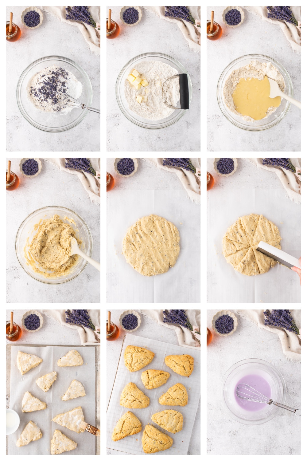 Visual guide to making homemade honey lavender scones with glaze Step-by-step photos showing how to make lavender scones from mixing to baking