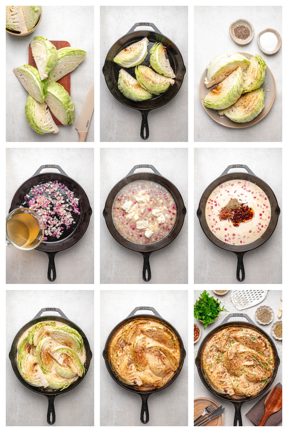 Step-by-step photos for how to make melting cabbage in a skillet with cream cheese, broth, and Tuscan herbs.
