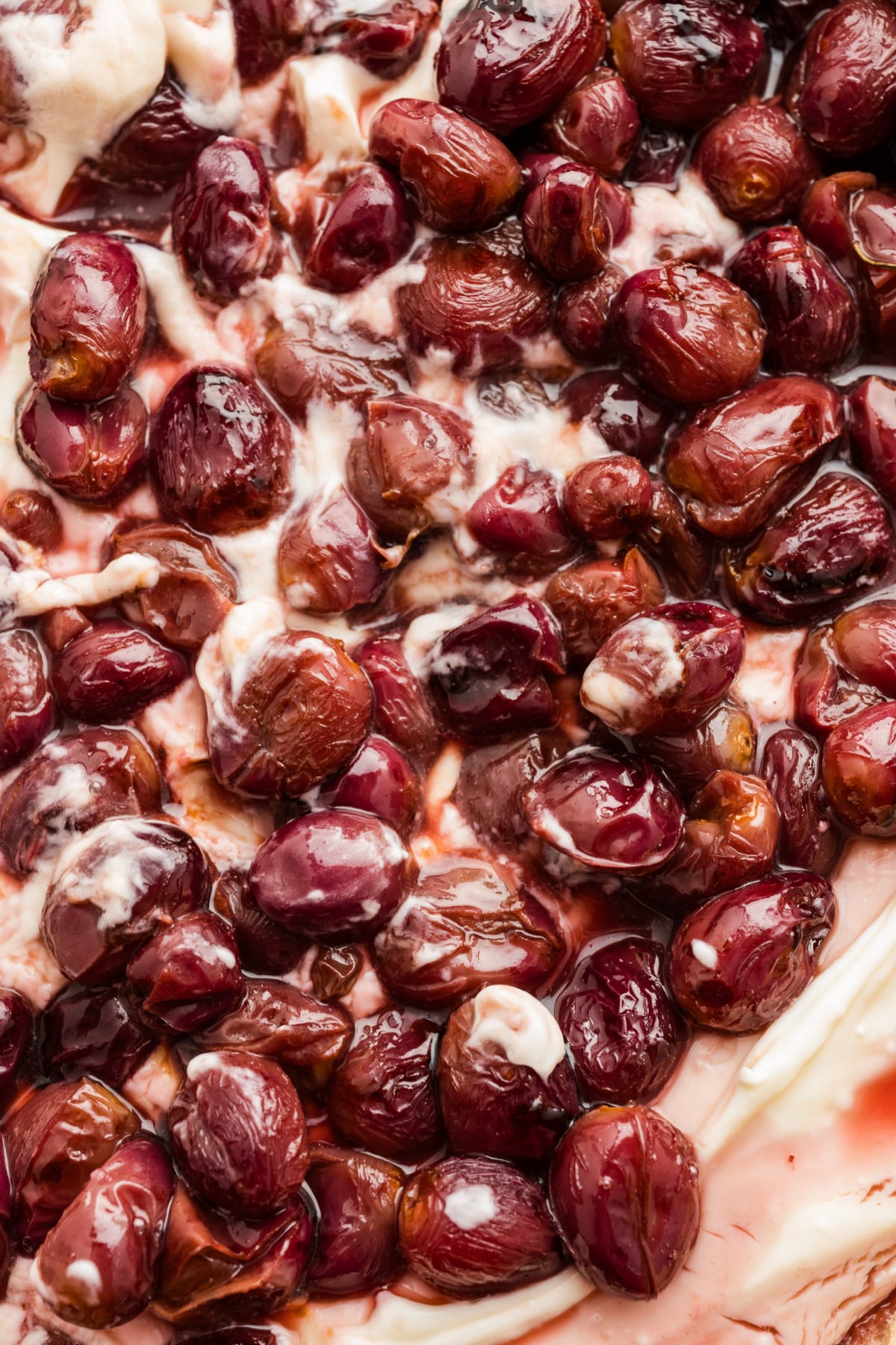 close-up of creamy whipped ricotta with roasted grapes stirred in whipped ricotta and roasted grapes mixed together with creamy texture and grape skins visible