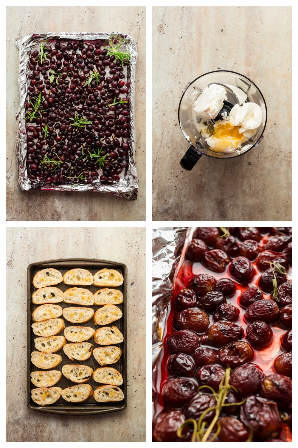 how to make whipped ricotta with roasted grapes and honey crostini step-by-step prep of whipped ricotta and roasted grape appetizer including crostini