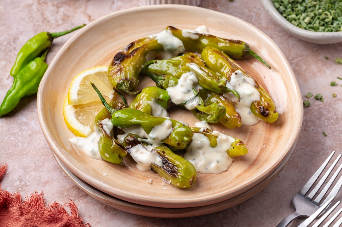 Plated blistered shishito peppers with creamy garlic aioli Blistered shishito peppers served with garlic chive aioli and lemon slices on a wooden plate