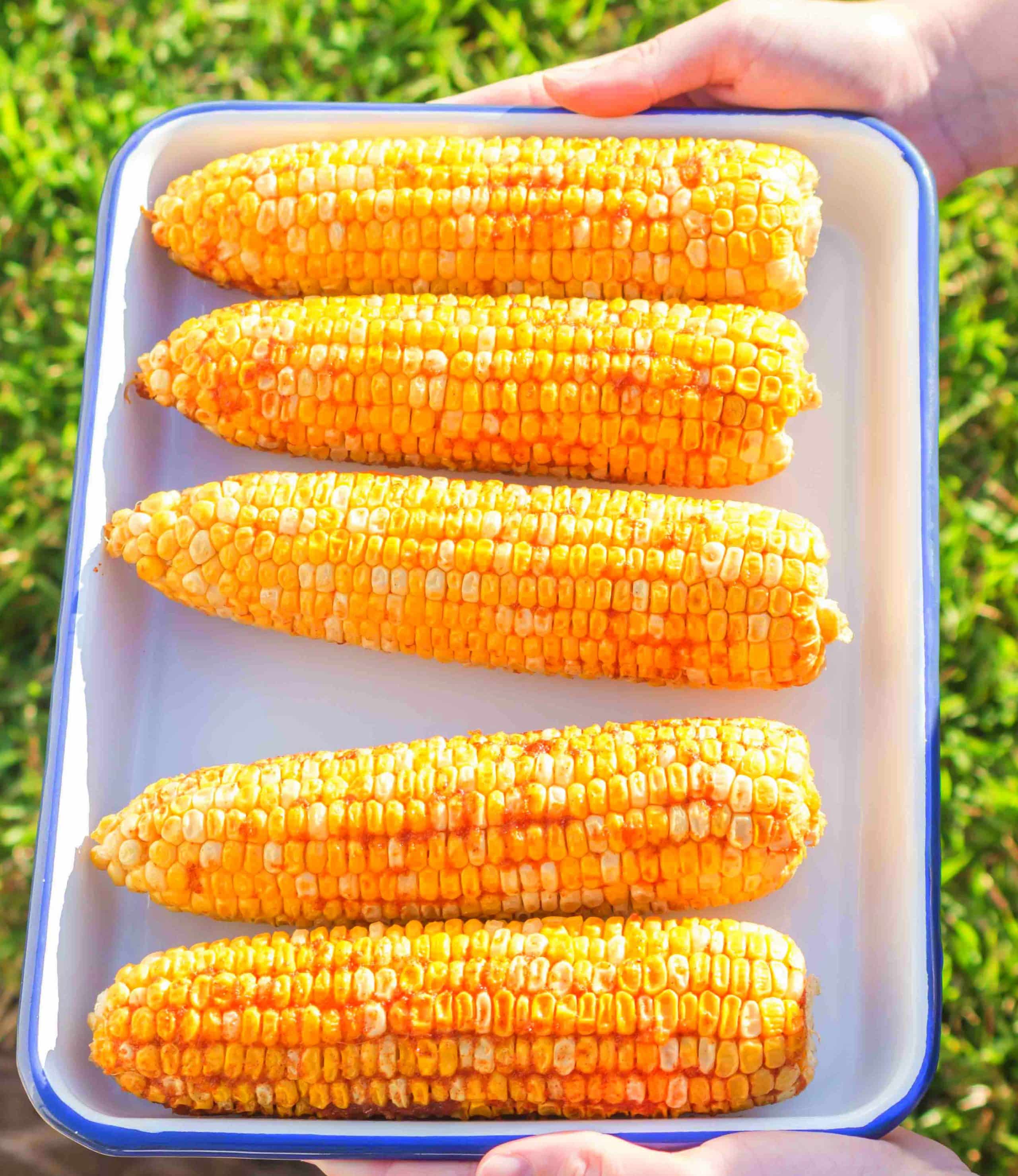 Tray of smoked corn on the cob with seasoned butter, ready to serve outdoors Pellet grill smoked corn on the cob in tray, fresh from the smoker