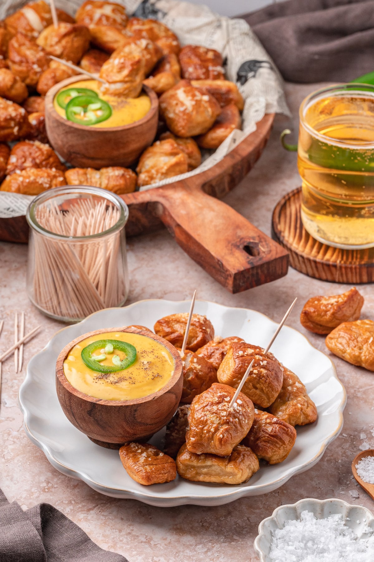 Chewy Pretzel Bites Appetizer with mustard dipping sauce soft pretzel bites arranged on a party platter with mustard dip