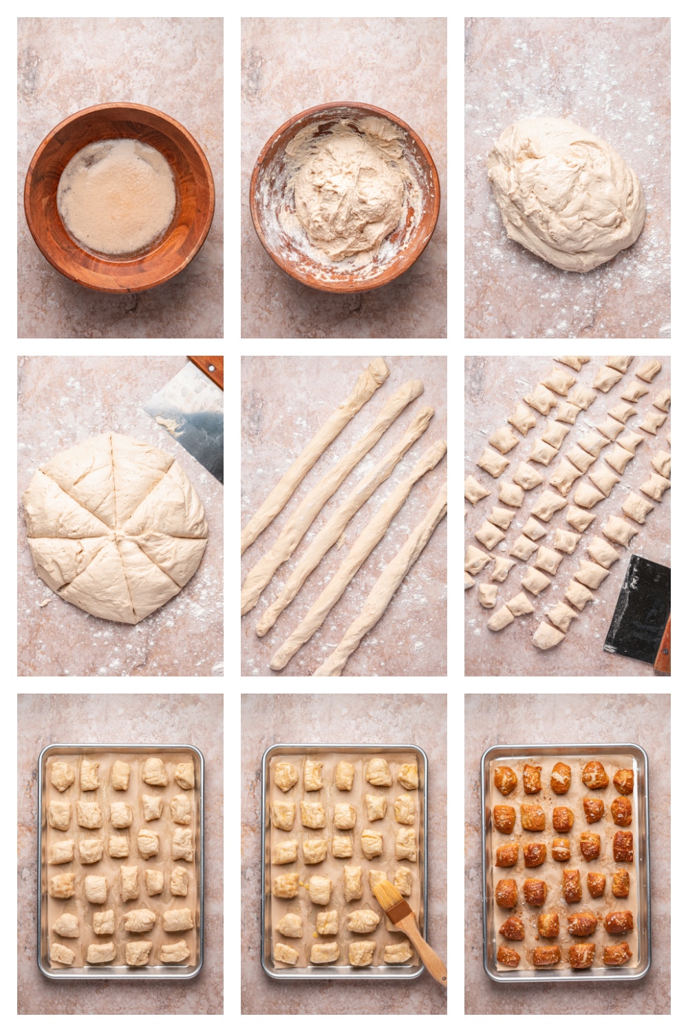 How to shape soft pretzel dough into bite-sized pieces step-by-step process of cutting and shaping pretzel dough into bite-sized pieces