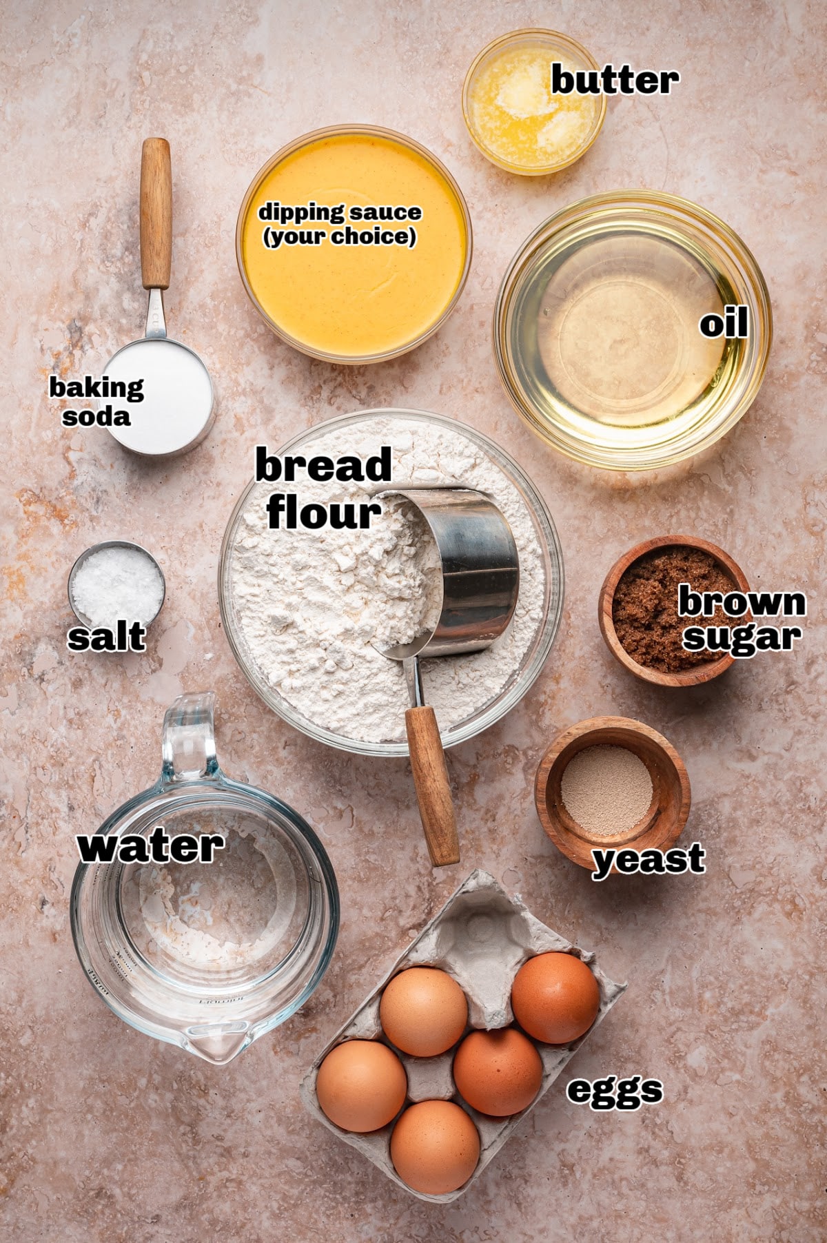 Ingredients needed for soft pretzel bites from scratch ingredients for making homemade pretzel bites including bread flour, yeast, and baking soda