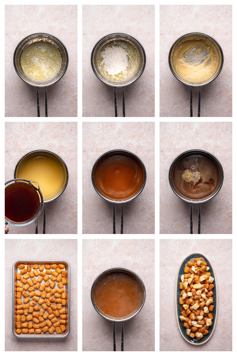 How to Make Tater Tot Poutine with Homemade Gravy Step-by-step photos showing how to make homemade gravy and assemble tater tot poutine.
