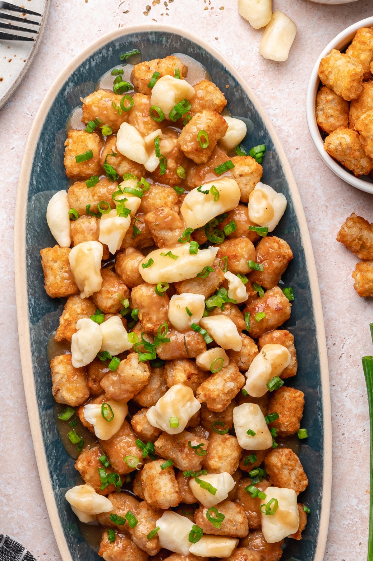 State Fair Style Tater Tot Poutine with Cheese Curds and Gravy Platter of tater tot poutine inspired by state fair food, loaded with cheese curds and smothered in gravy.