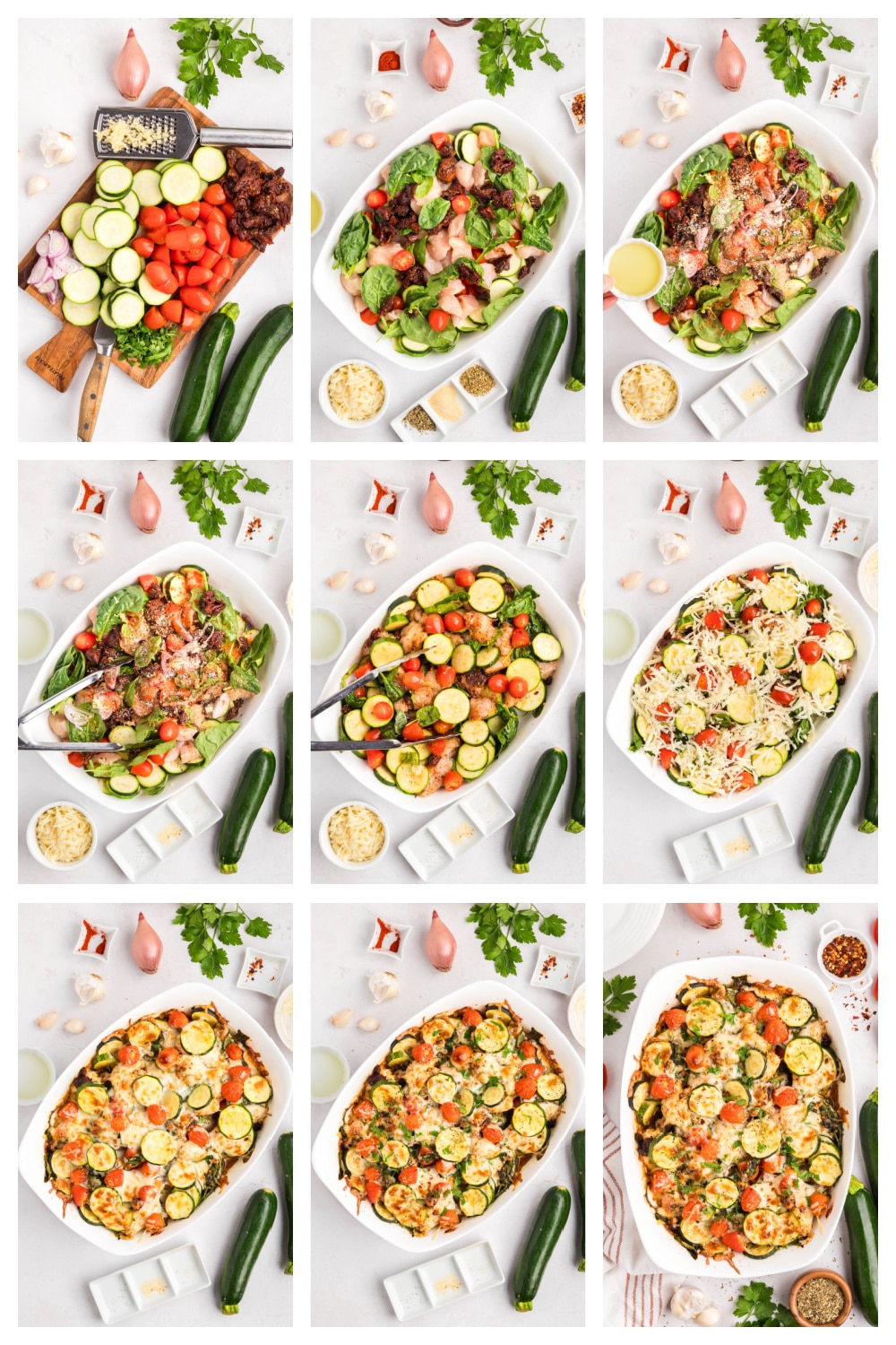 How to Make Tuscan Chicken Zucchini Casserole Step by Step Step-by-step photo collage showing how to assemble chicken zucchini casserole with spinach, tomatoes, and cheese.