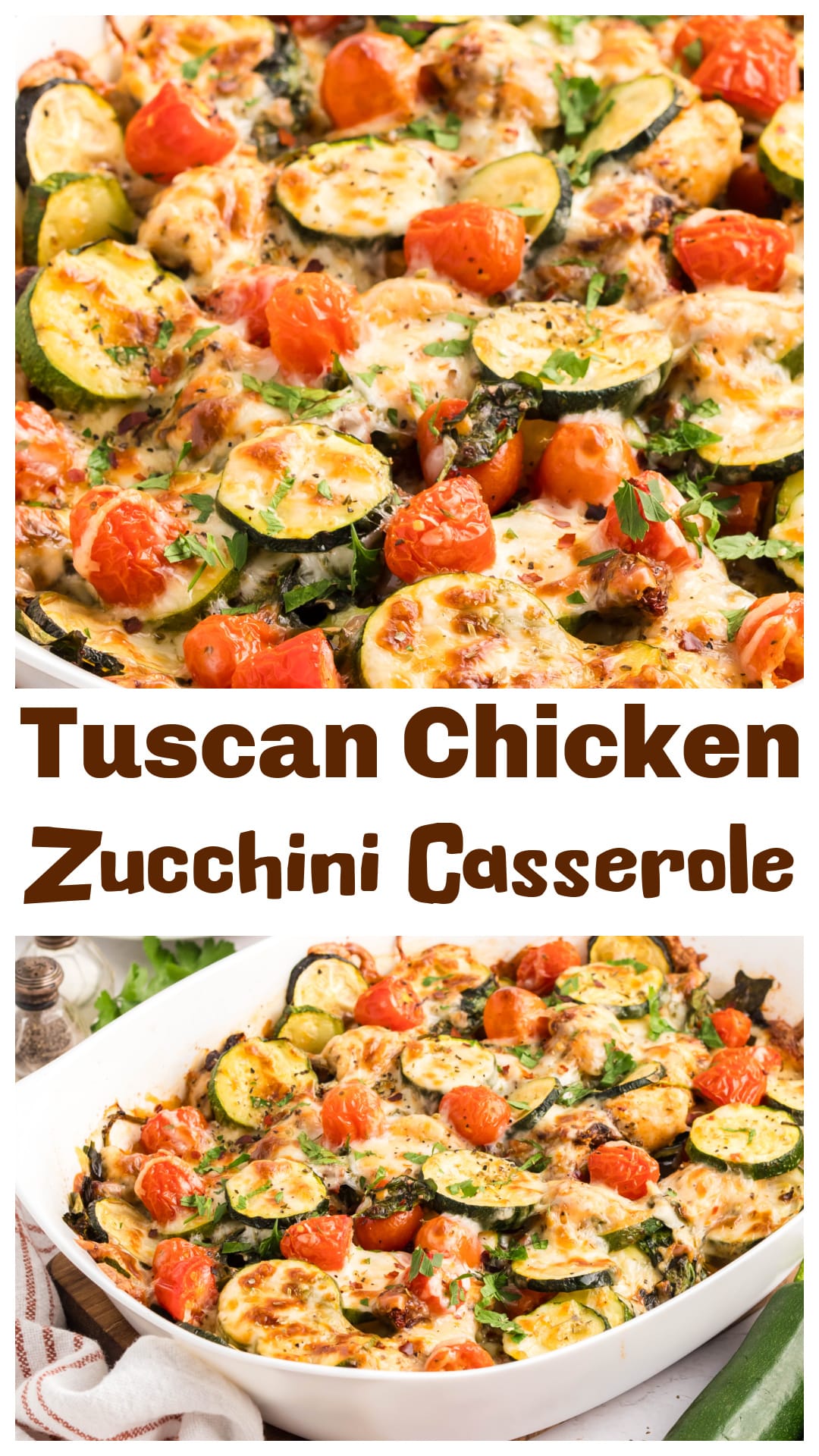This Tuscan Chicken Zucchini Casserole is the easy, cheesy dinner I make when zucchini is everywhere. Made with chicken, tomatoes, spinach, and sun-dried tomatoes, it all bakes in one dish with mozzarella and Parmesan on top. No pasta. No sauce to prep. Just a flavorful, comforting dinner that reheats well. A good way to use up garden zucchini and pantry staples. via @cmpollak1