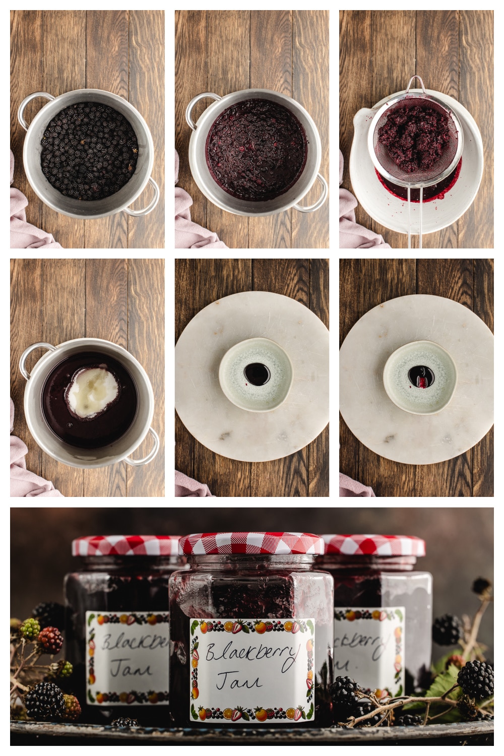 Step-by-step process of making seedless blackberry jam from fresh berries, straining, cooking, wrinkle test, and jars