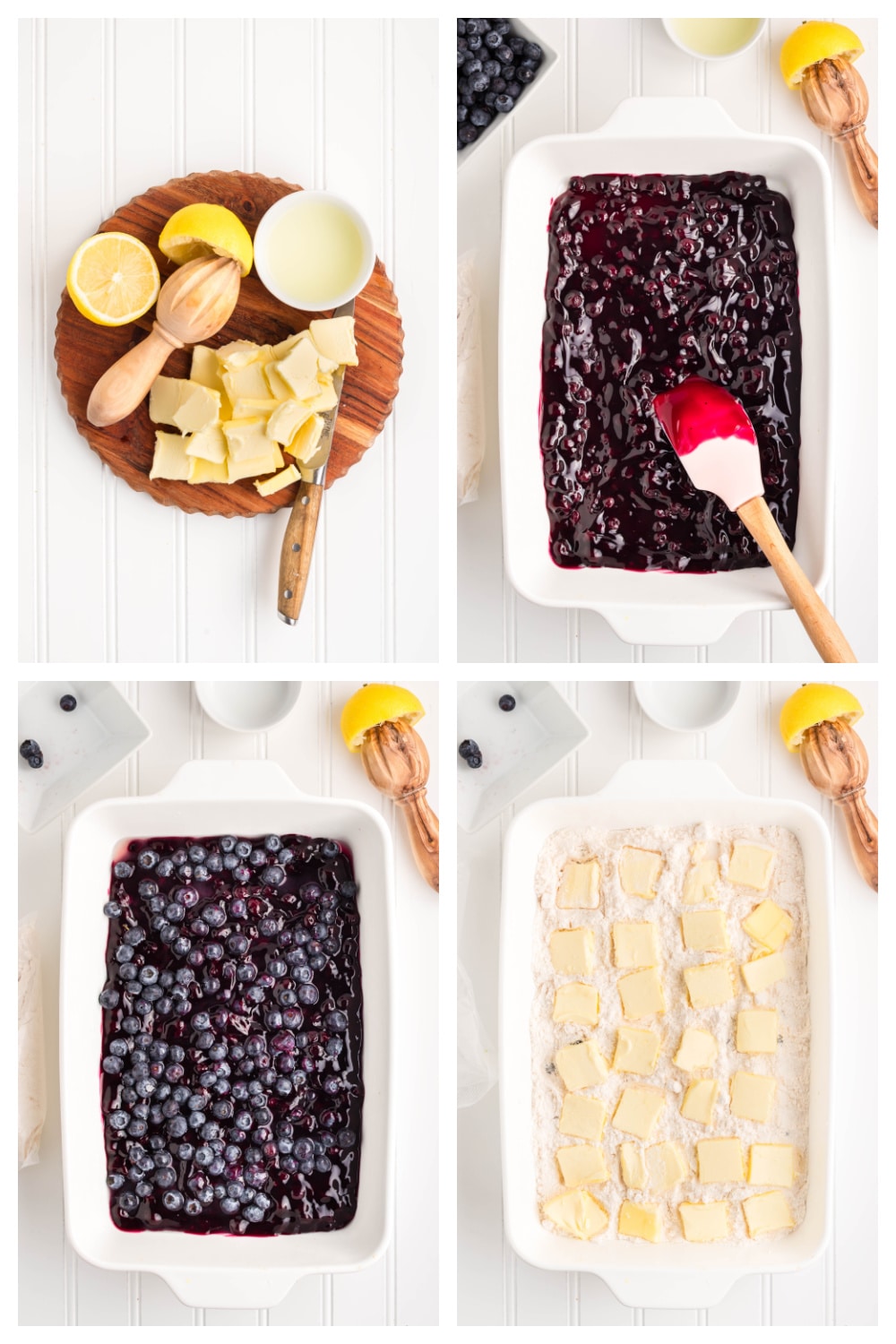 Step-by-step layering of pie filling, fresh blueberries, cake mix, and butter in a baking dish.