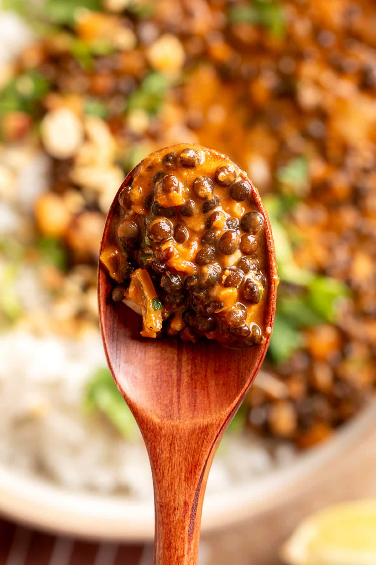 Bite of creamy Marry Me Lentils with black lentils in coconut curry sauce.