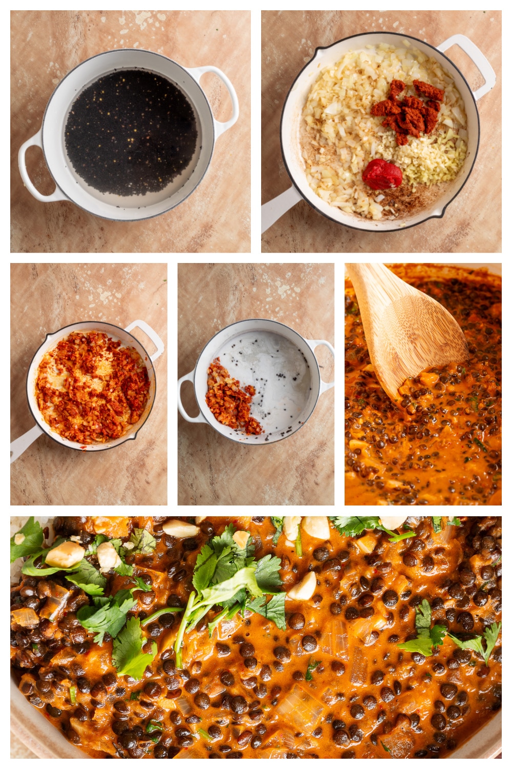 Step-by-step process of making Marry Me Lentils with black lentils, onion, garlic, ginger, curry paste, and coconut milk.