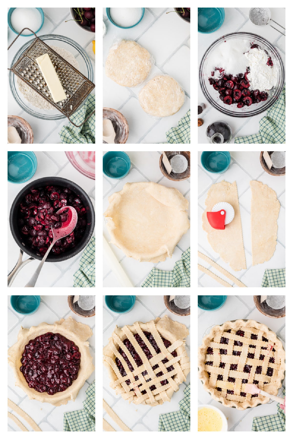 Step-by-step process for making Fresh Cherry Pie from homemade dough to lattice crust and baked pie