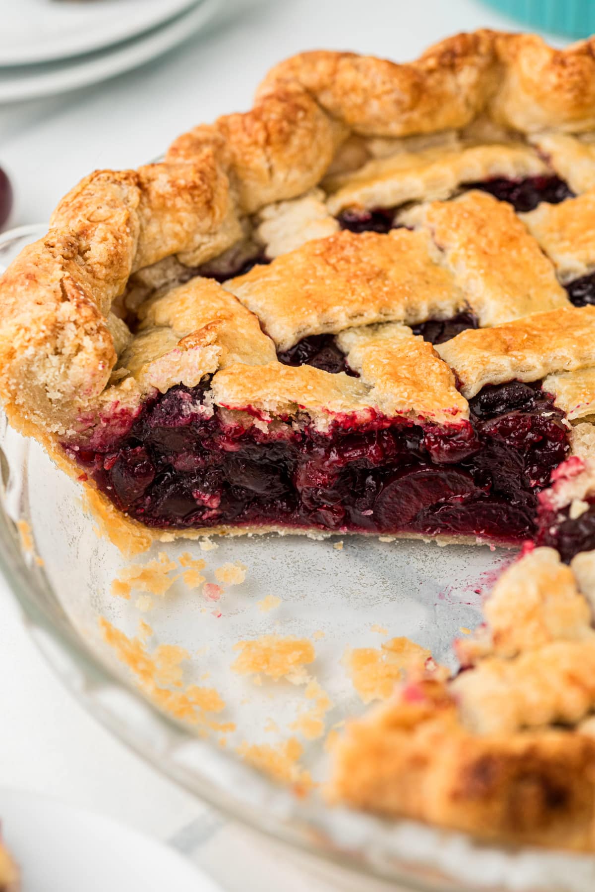 Fresh Cherry Pie showing thick cherry filling inside a flaky homemade crust after slicing
