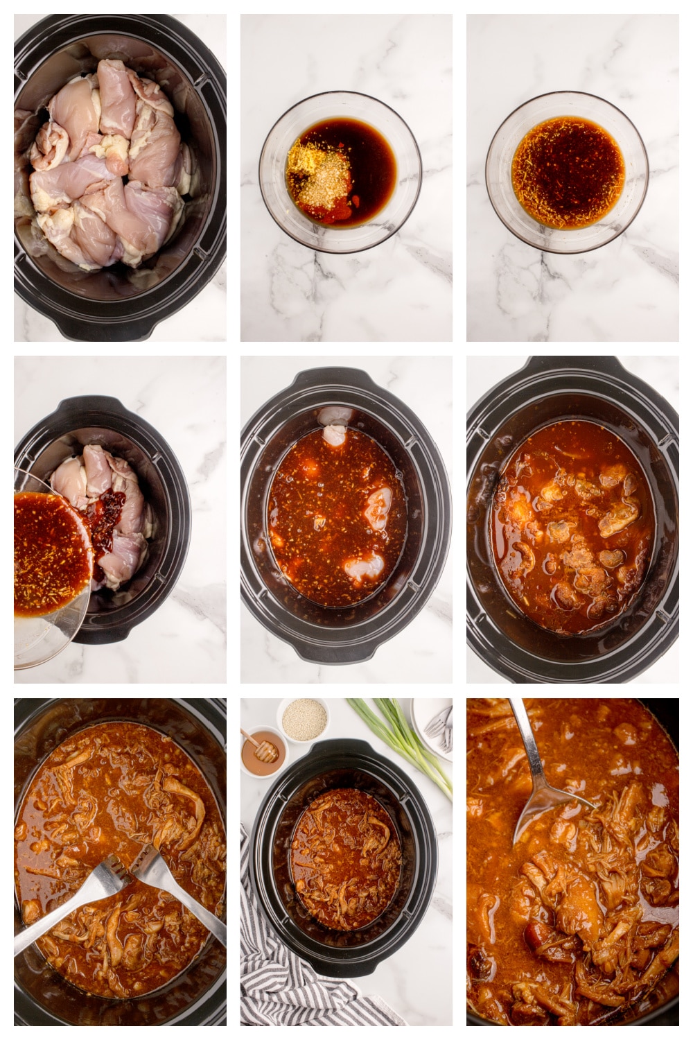 Step-by-step process showing chicken, sauce mix, and shredding in the slow cooker.