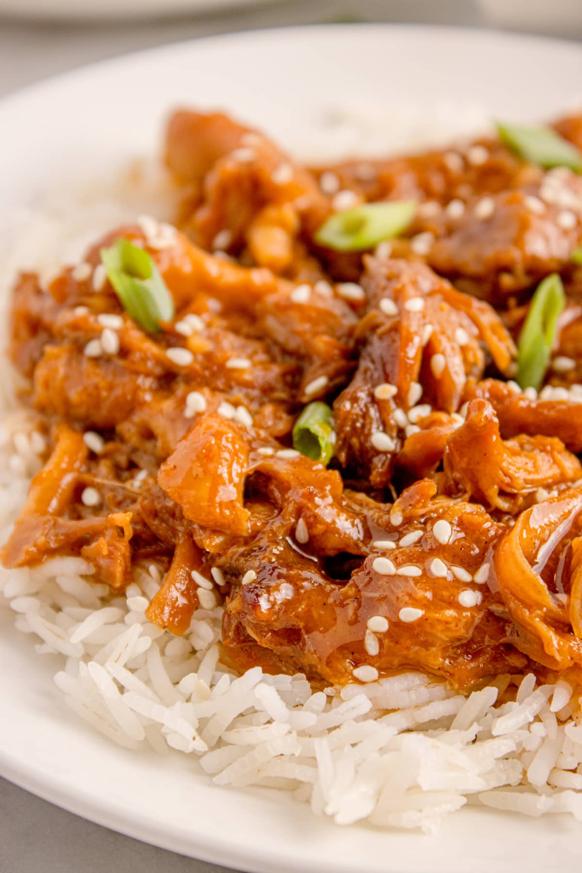 Juicy Korean BBQ chicken thighs shredded and served on rice with sesame seeds.