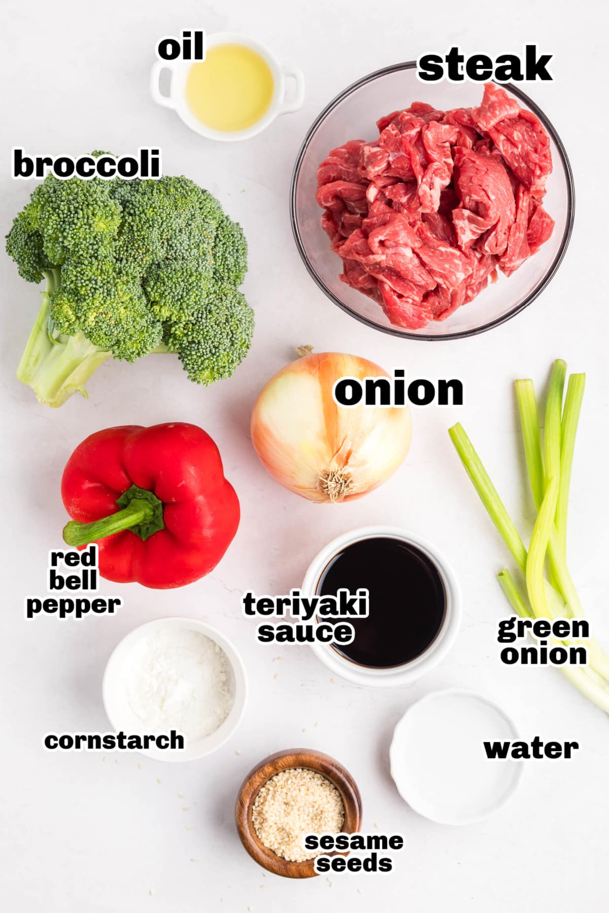 Ingredients for Beef Teriyaki Stir Fry on a counter