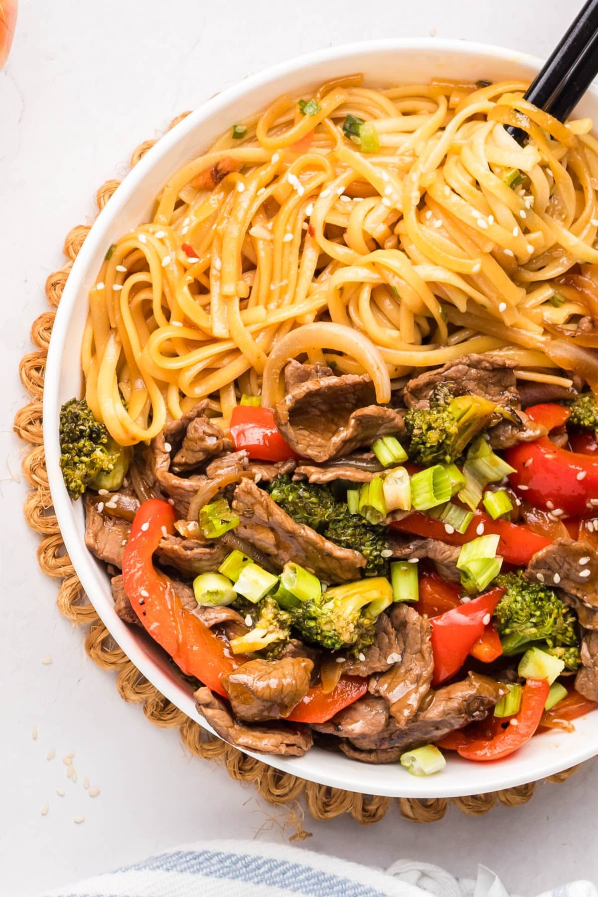 Overhead view of Beef Teriyaki Stir Fry with noodles