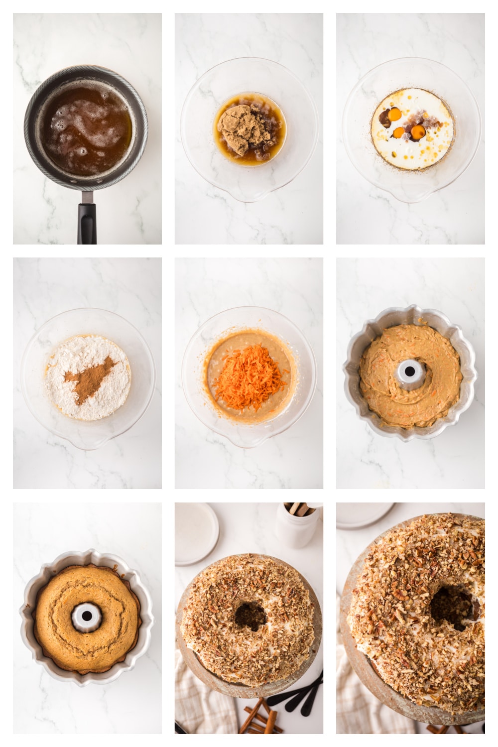 how to make brown butter carrot bundt cake Step-by-step process showing how to make brown butter carrot bundt cake from browning the butter to frosting the cooled cake.