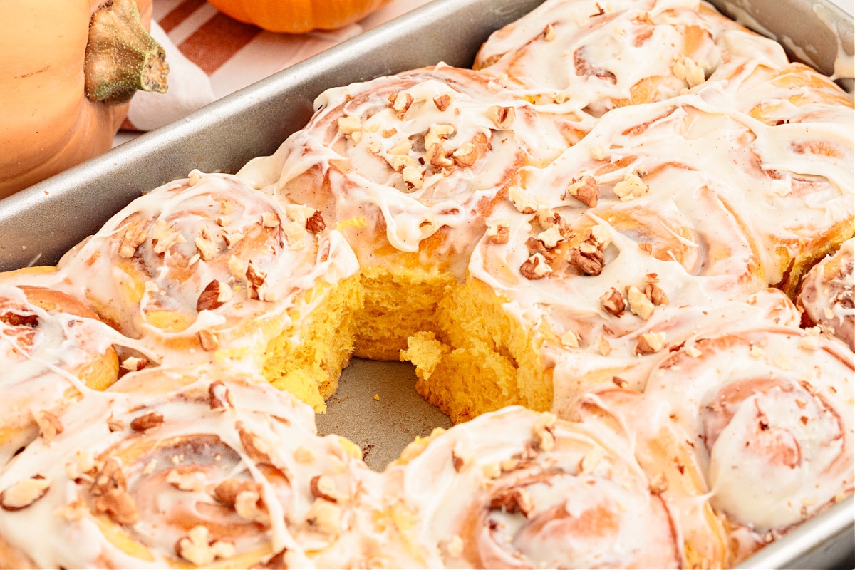 butternut squash cinnamon rolls in a pan Pan of butternut squash cinnamon rolls topped with cream cheese glaze and chopped pecans, one roll missing from the center.