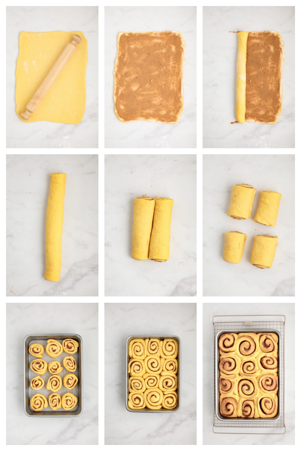 How to make butternut squash cinnamon rolls. Step-by-step process showing dough rolled out, filled with cinnamon sugar, sliced, and placed in a pan before baking.