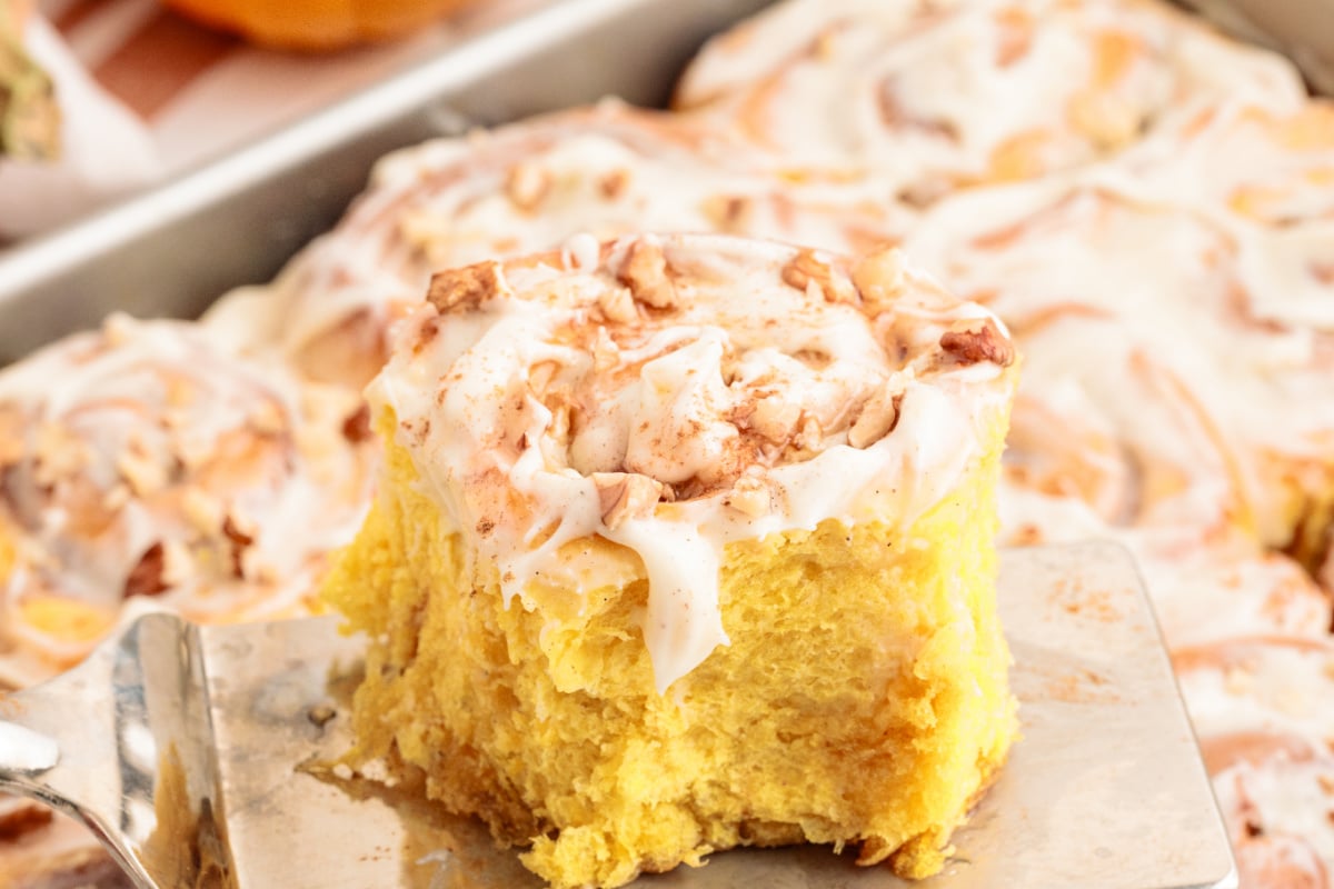 Butternut squash cinnamon rolls butternut squash cinnamon roll with cream cheese glaze on a spatula