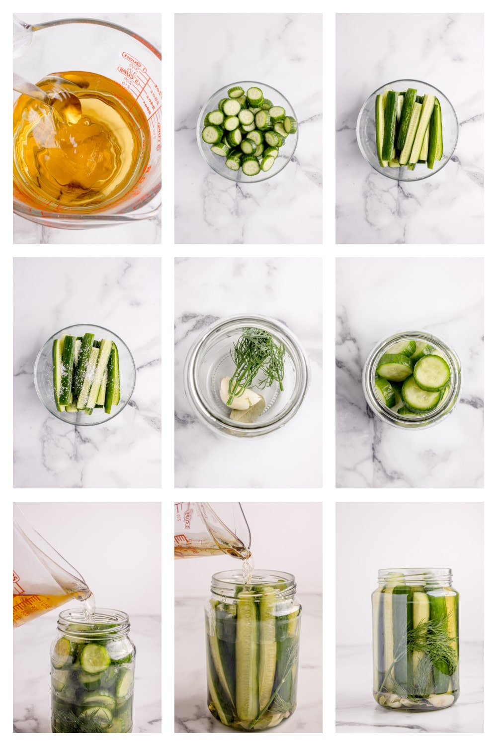 Step-by-step process for making quick refrigerator pickles with cucumbers, garlic, and dill.